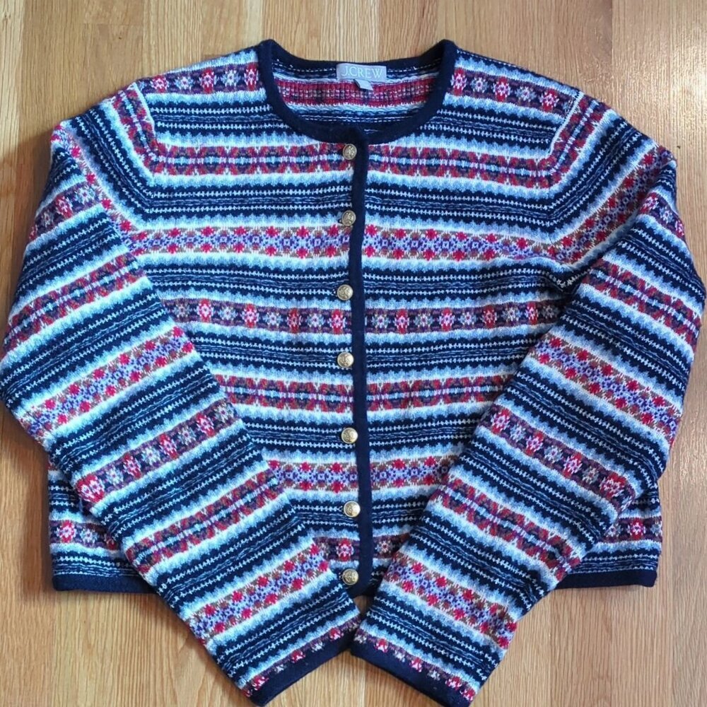 J.Crew Fair Isle Lady Jacket Cardigan Size XL Navy Red Quiet Luxury Preppy